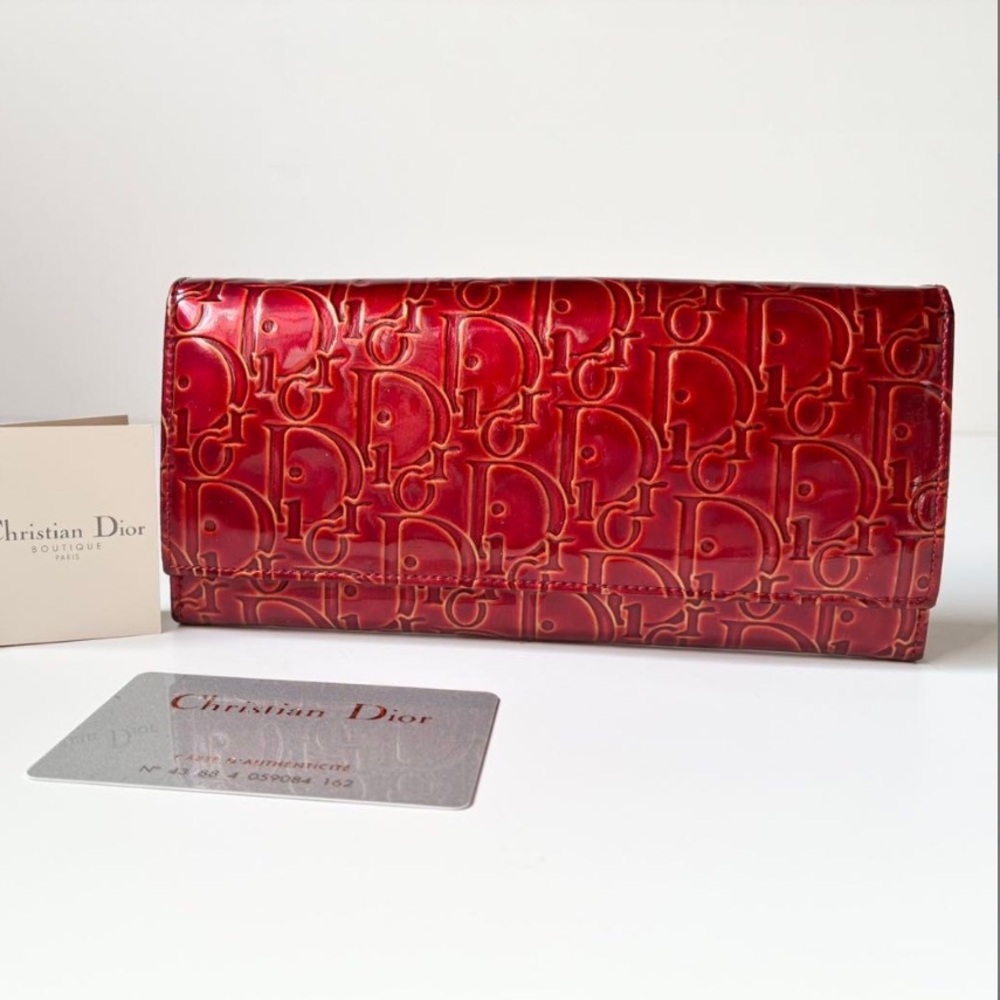 Dior Red Embossed Patent Leather Continental Wallet